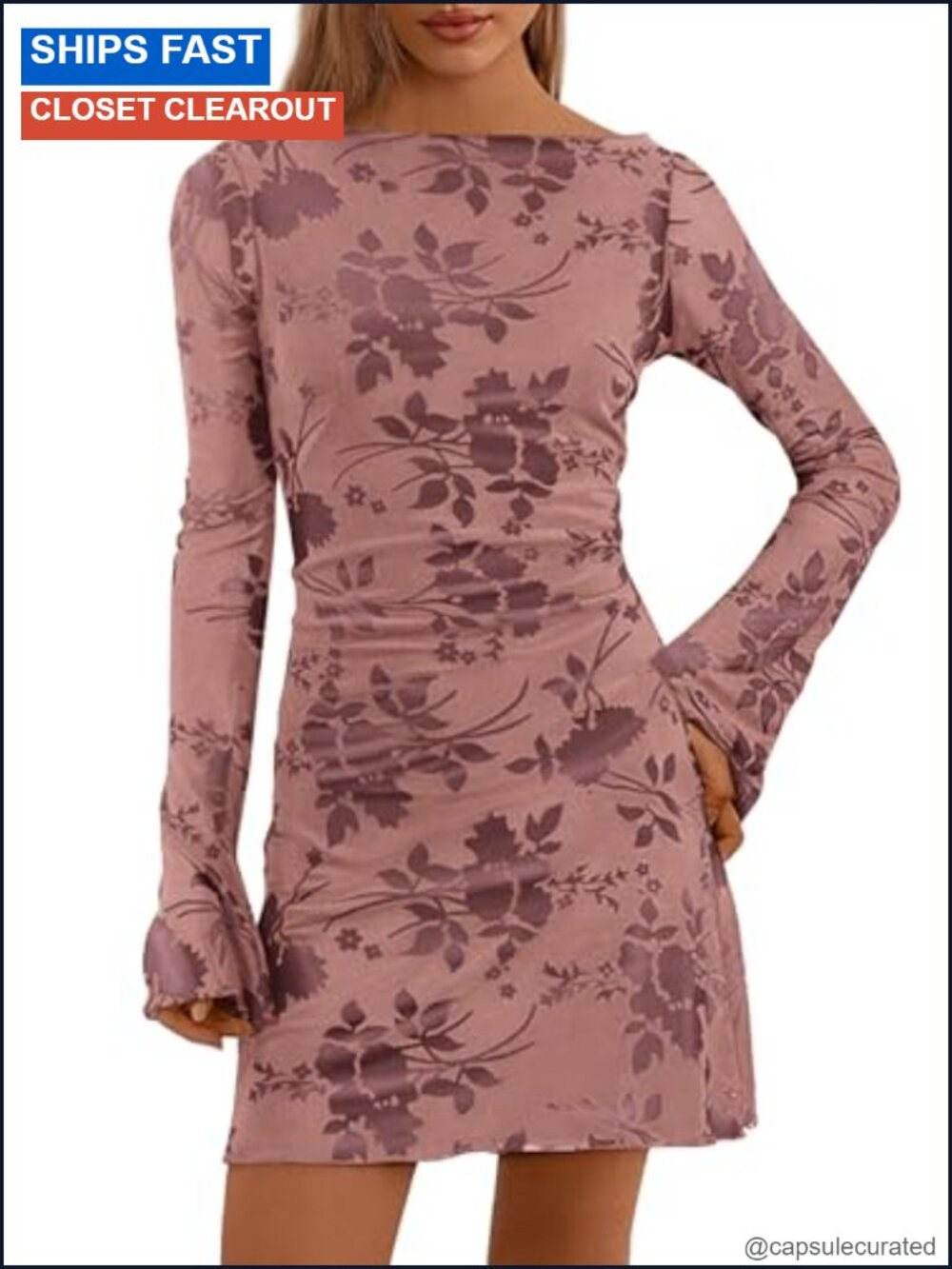 Women's Floral Long Sleeve Bodycon Mini Dress Bell Sleeve